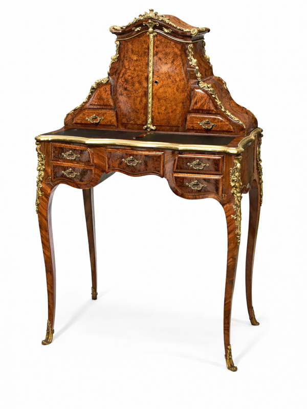 A Louis XV style gilt bronze mounted kingwood and tulipwood parquetry inlaid bonheur du jour.