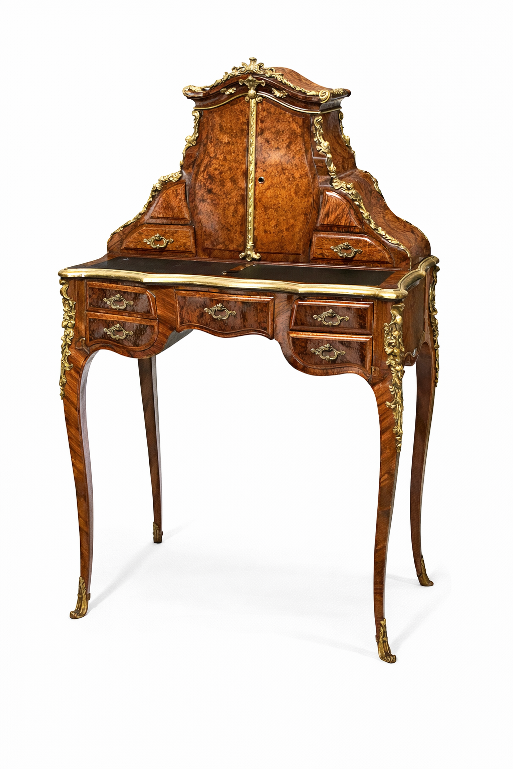 A Louis XV style gilt bronze mounted kingwood and tulipwood parquetry inlaid bonheur du jour.