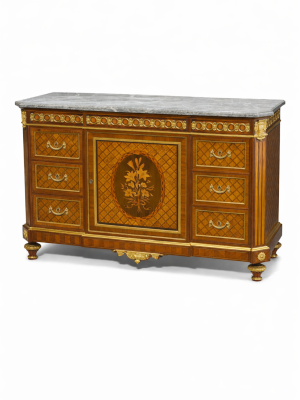 Gervais-Maximilien-Eugène Durand,Louis XVI Style good quality French gilt bronze mounted marquetry inlaid commode