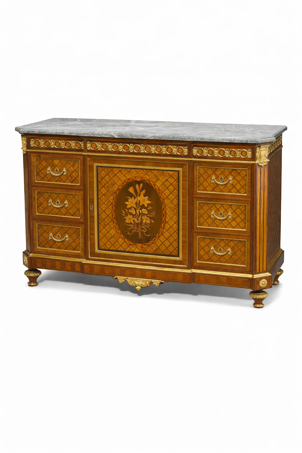 Gervais-Maximilien-Eugène Durand,Louis XVI Style good quality French gilt bronze mounted marquetry inlaid commode