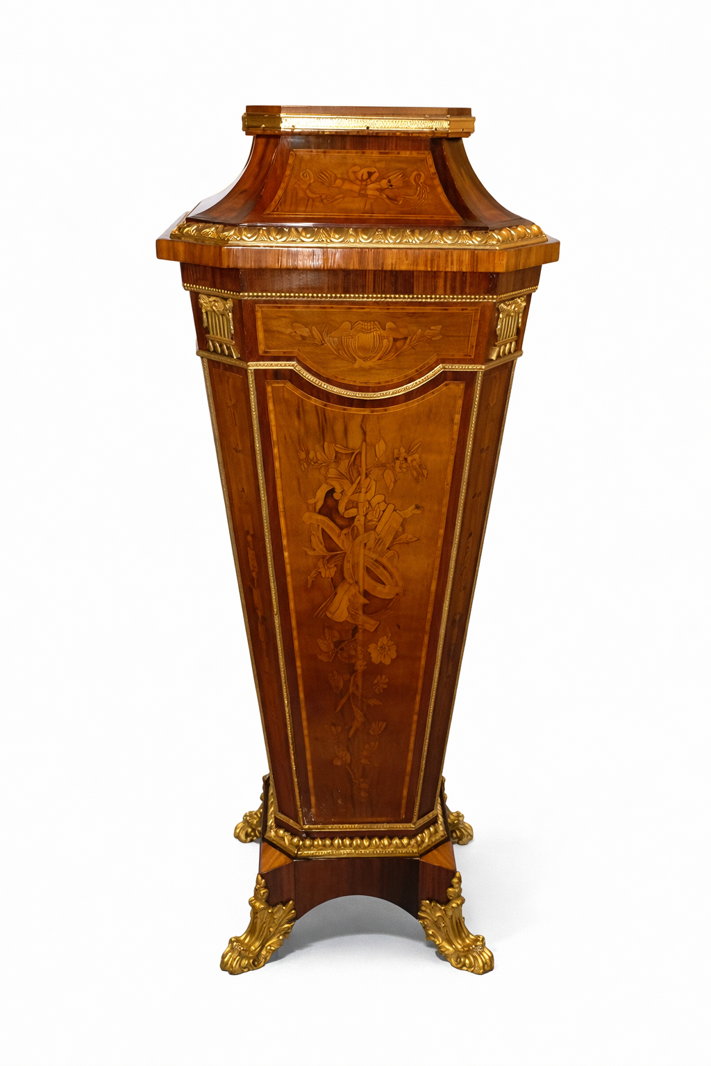 French Gilt Bronze Mounted Marquetery,Kingwood and rosewood,red Marble top Louis XVI Style Pedestal, Paris 1880