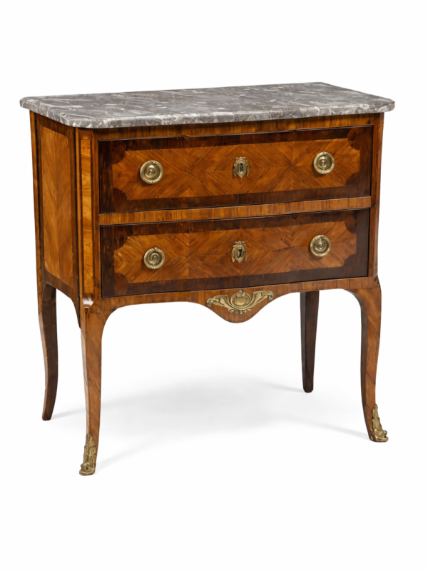 Francois Bayer, French transitional Louis XV/XVI gilt bronze mounted Rosewood & kingwood, marble top commode