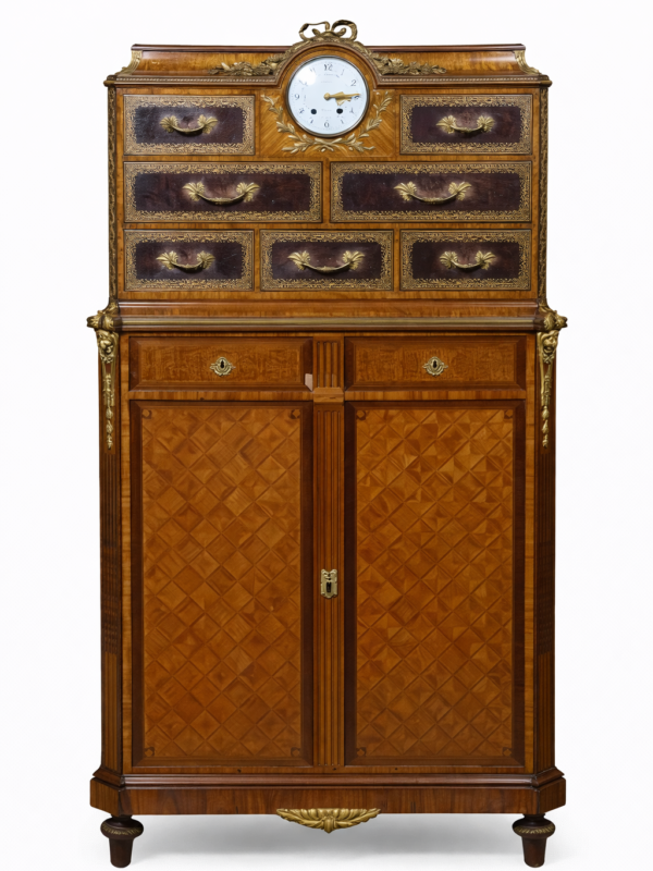 Louis XVI style gilt-bronze mounted kingwood, rosewood, mahogany parquetry cartonnier