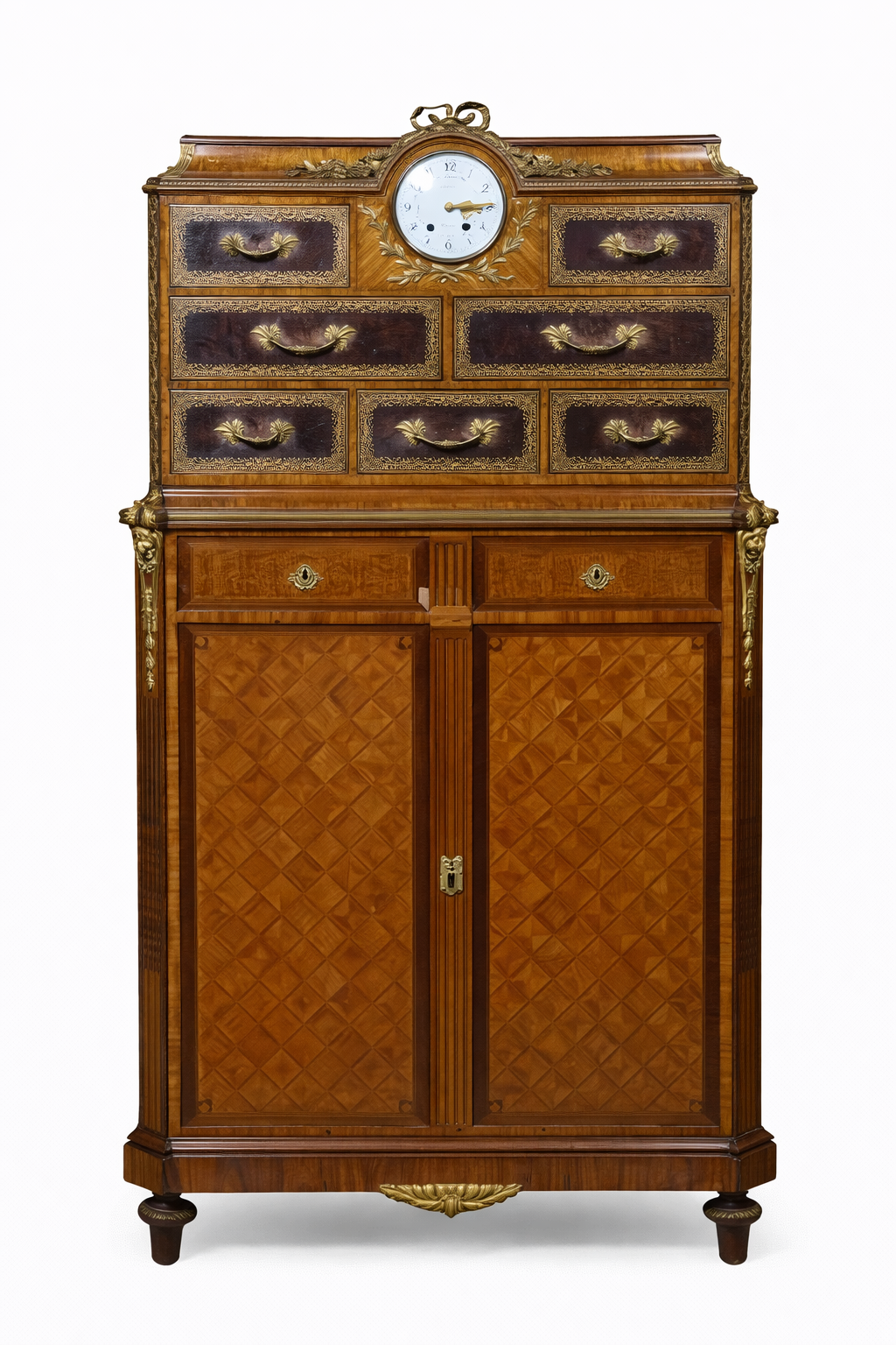 Louis XVI style gilt-bronze mounted kingwood, rosewood, mahogany parquetry cartonnier