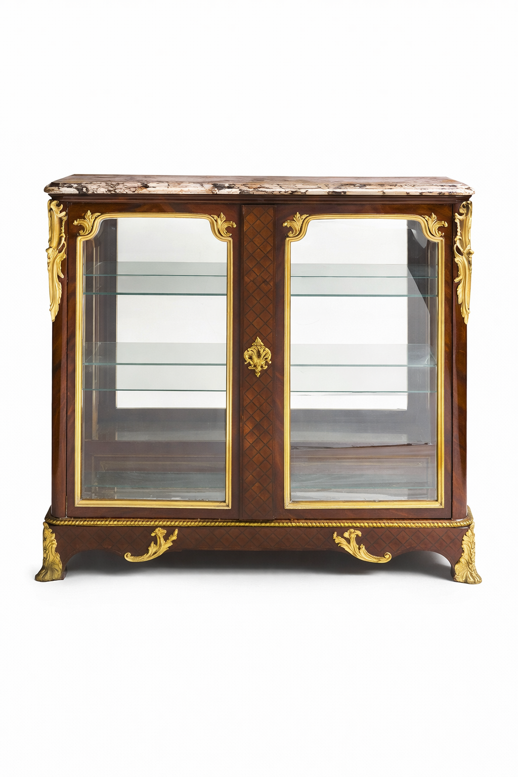 F. Linke, Louis XV style gilt bronze mounted tulip and Satinwood,parquetery with marble top