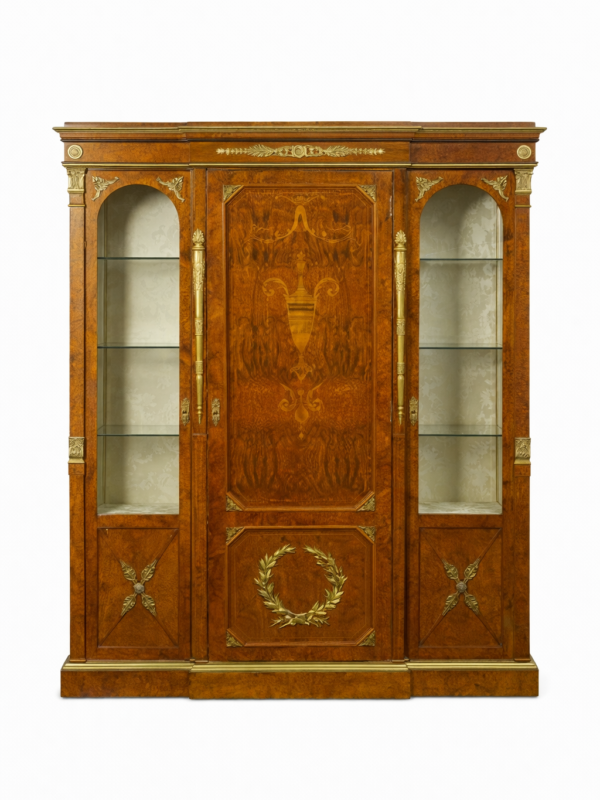 Maison Forest empire style gilt bronze mounted burr ambonya & fruitwood marquetry vitrine cabinet.