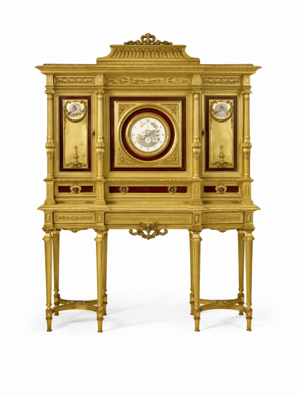 Large French fine-quality Louis XVI style porcelain-mounted giltwood cabinet on stand. Circa 1900