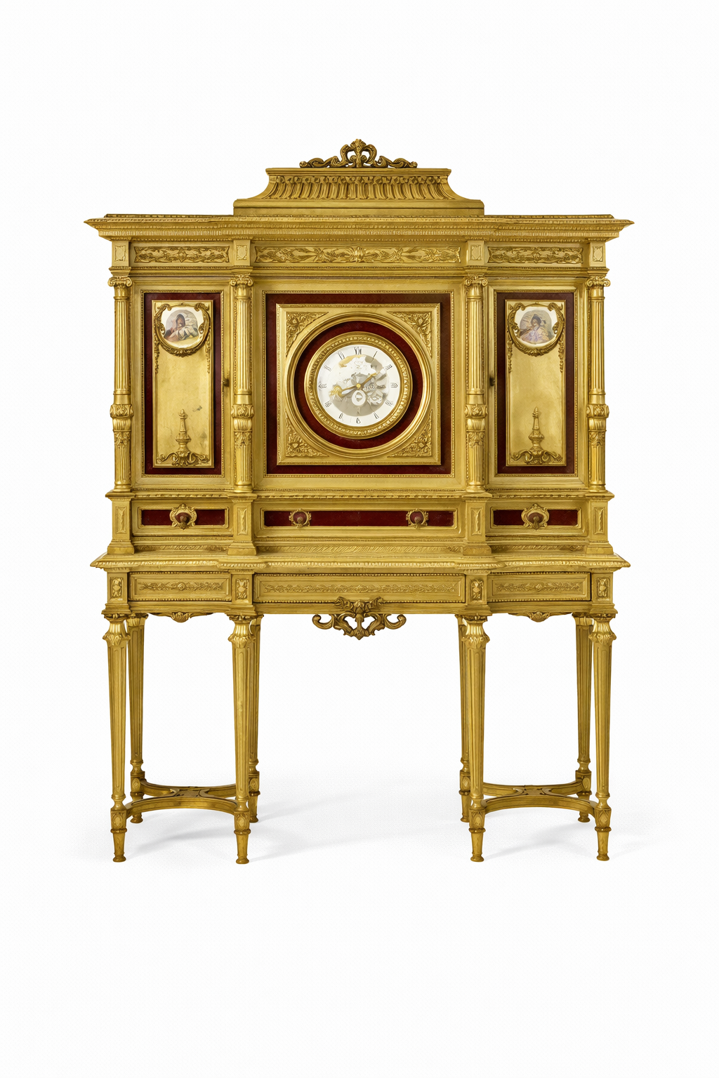 Large French fine-quality Louis XVI style porcelain-mounted giltwood cabinet on stand. Circa 1900