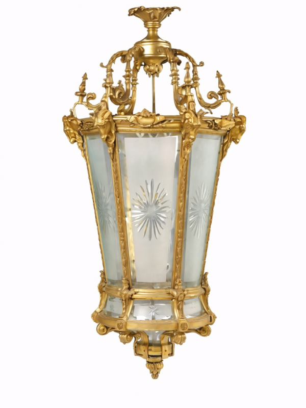 French Louis XVI style gilt bronze & etched glass lantern