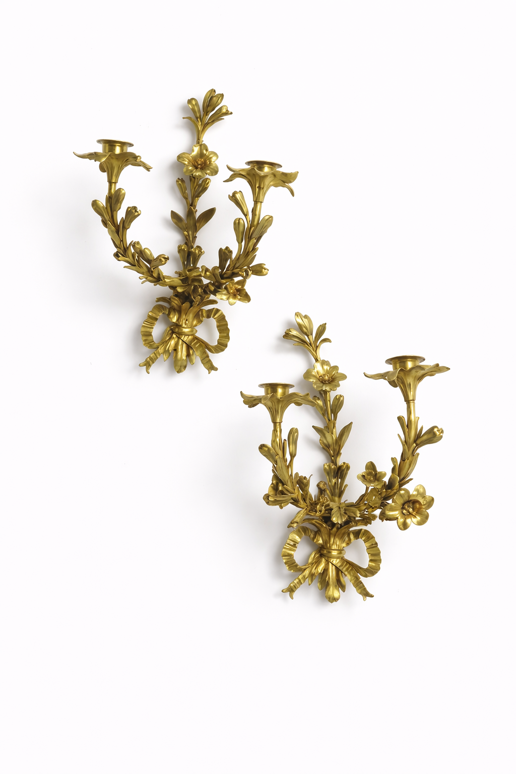 HENRI DASSON signed and dated 1891. pair of gilt bronze lily cast twin-light corner wall appliques.