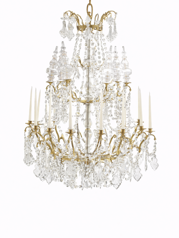 Italian gilt bronze, iron & glass 14-light chandelier
