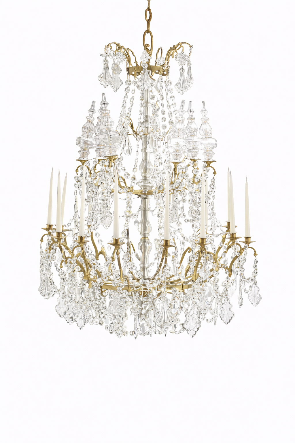 Italian gilt bronze, iron & glass 14-light chandelier