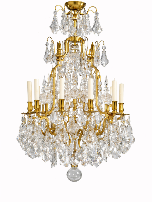 French Rococo style 8 light gilt metal & glass chandelier