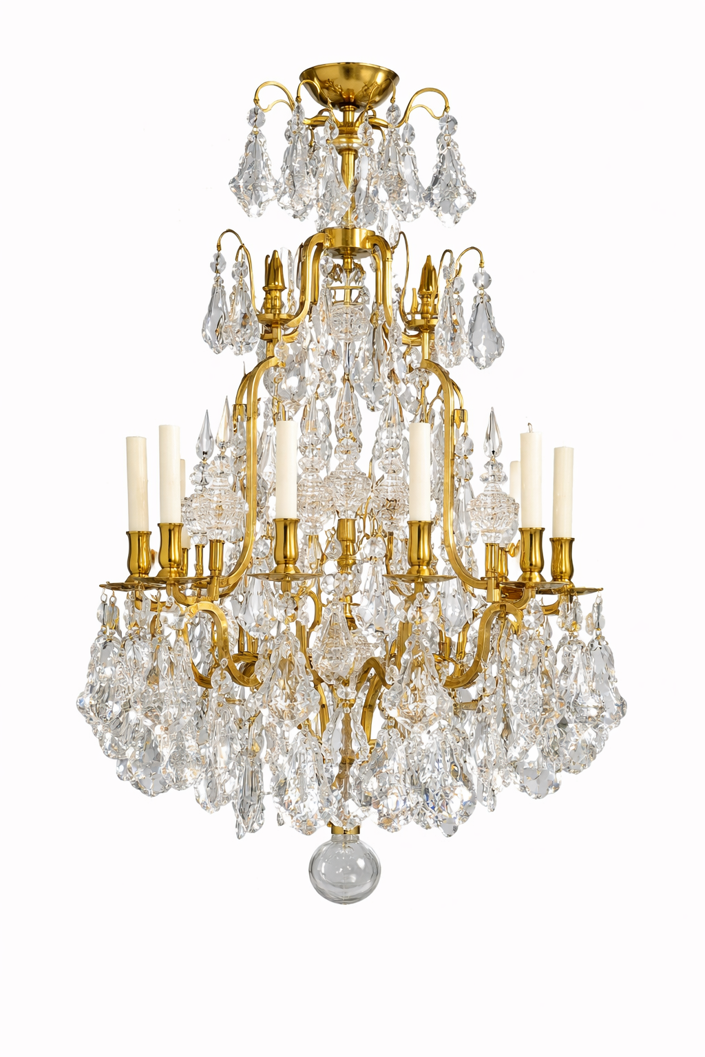 French Rococo style 8 light gilt metal & glass chandelier