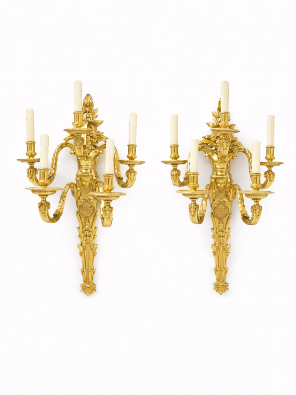 French Sconces gilt bronze five light wall appliques Louis XVI style Both signed Henry Dasson & dated 1878