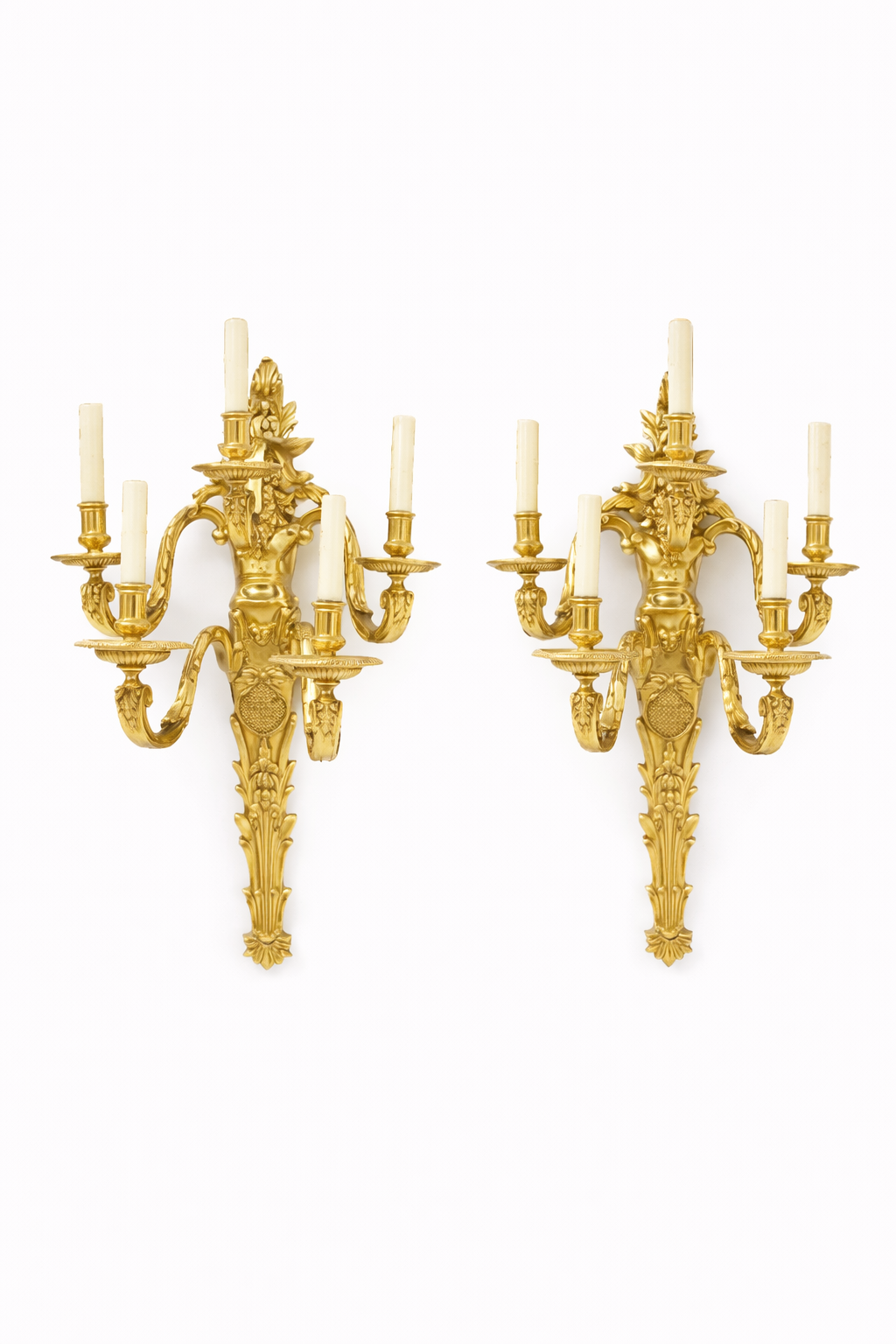 French Sconces gilt bronze five light wall appliques Louis XVI style Both signed Henry Dasson & dated 1878