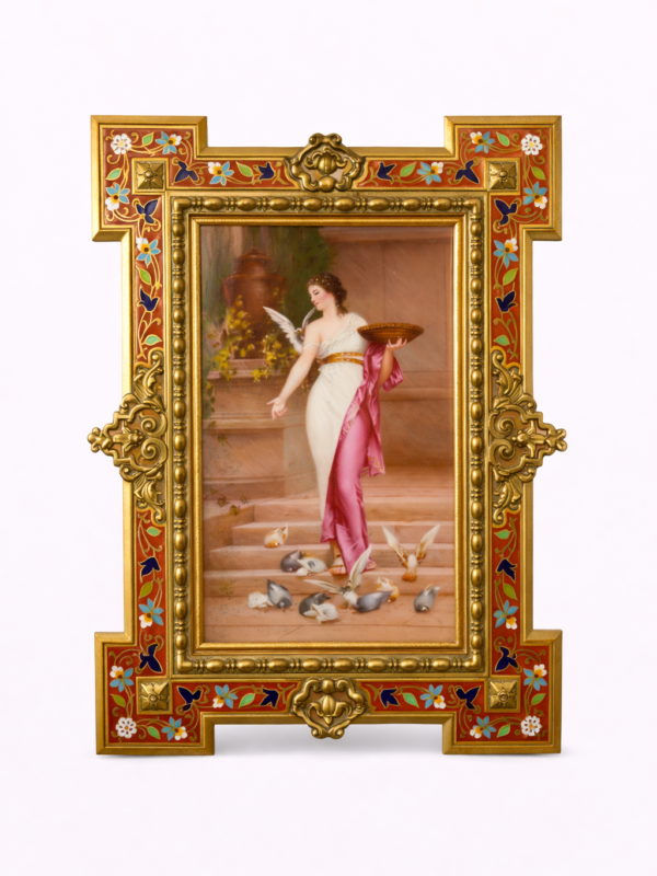 KPM Porcelain plaque A lady with Birds,Circa 1890,the Frame Champleve on Bronze