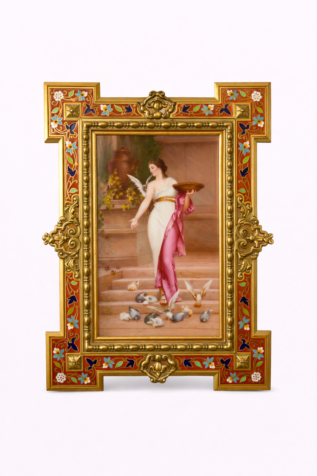 KPM Porcelain plaque A lady with Birds,Circa 1890,the Frame Champleve on Bronze