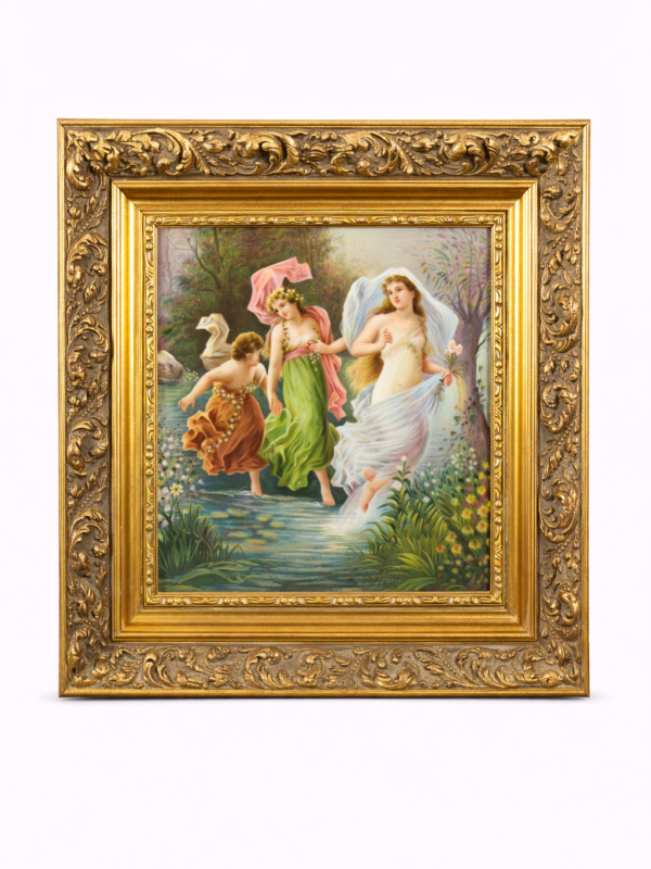 KPM Porcelain plaque depicting three young girls running on the river. Circa 1890