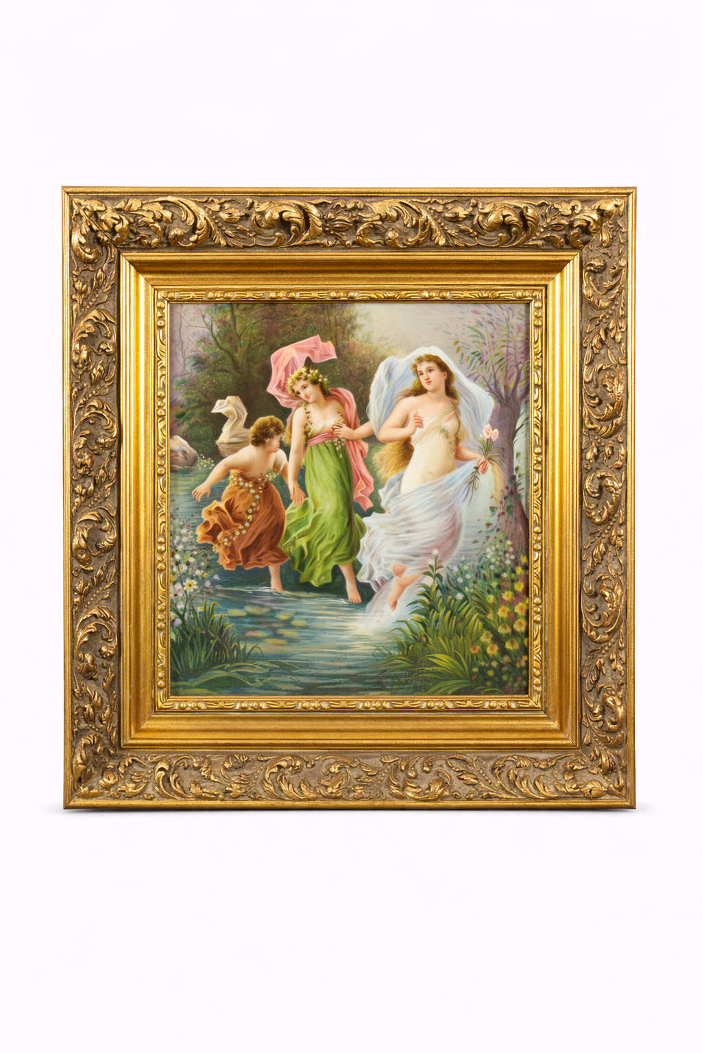 KPM Porcelain plaque depicting three young girls running on the river. Circa 1890