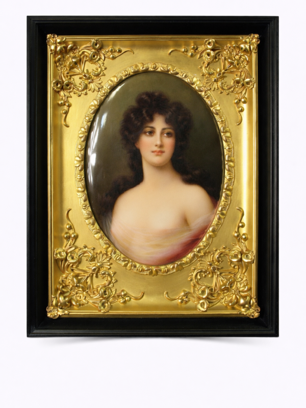 Berlin KPM porcelain plaque of a brunette beauty in an original giltwood frame. Circa 1880