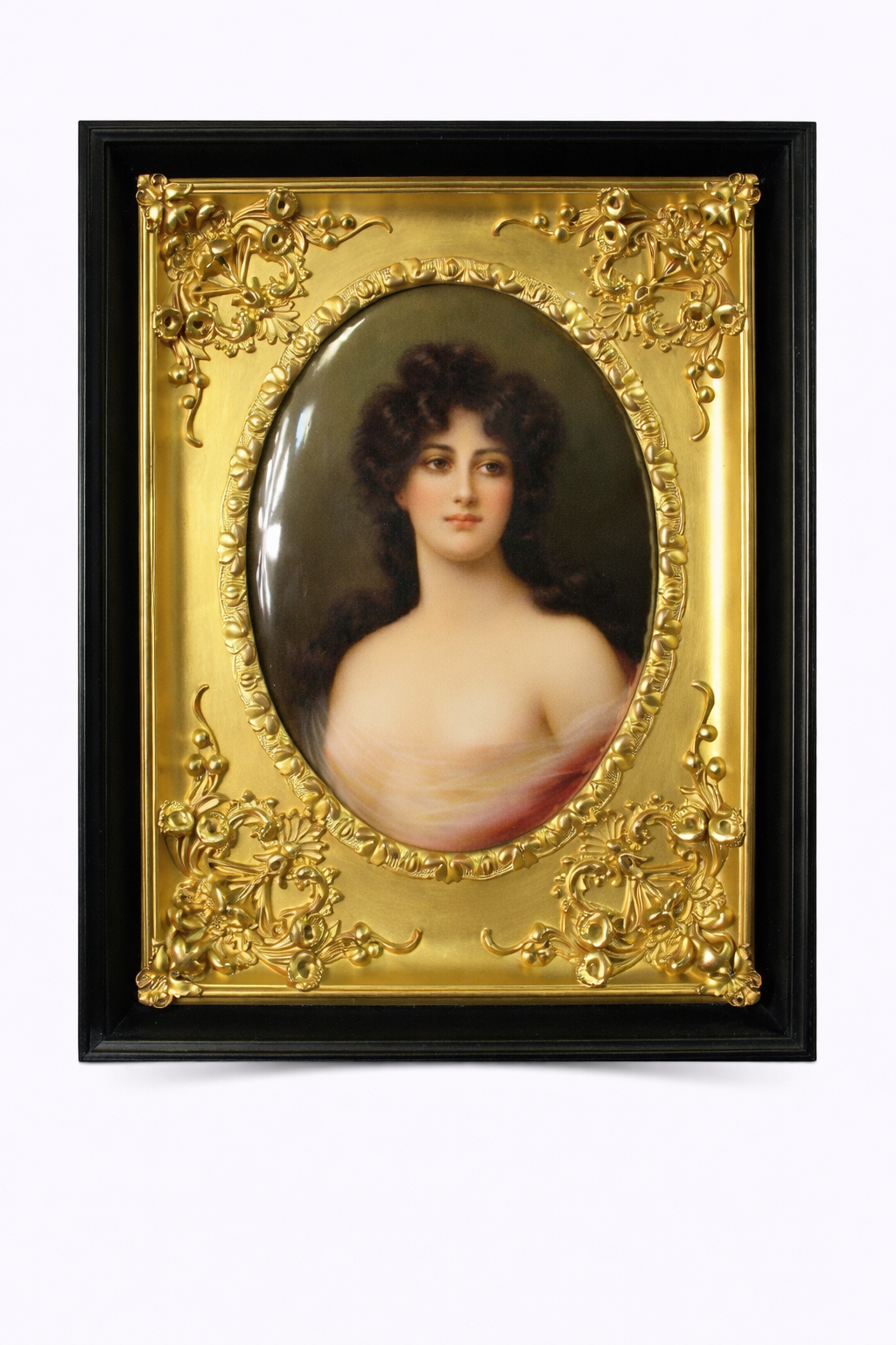 Berlin KPM porcelain plaque of a brunette beauty in an original giltwood frame. Circa 1880