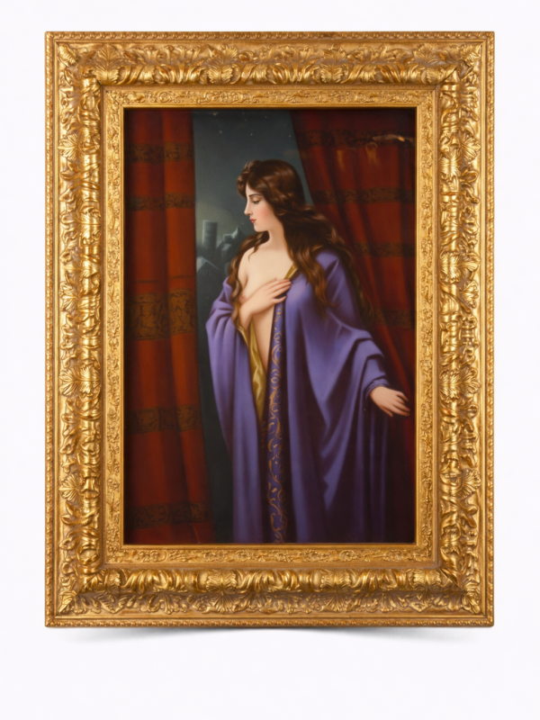 KPM Rectangular porcelain plaque of A beauty in a Purple Neglige, circa1890, Marq and numbered.