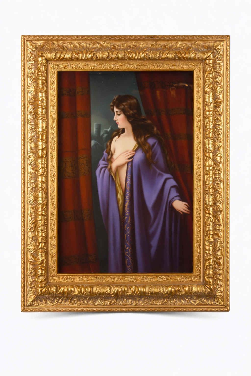 KPM Rectangular porcelain plaque of A beauty in a Purple Neglige, circa1890, Marq and numbered.