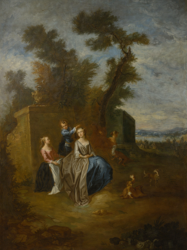 Follower of Nicolas Lancret, French Oil on Canvas early 18th century. Elegant figures in a Classical Landscape
