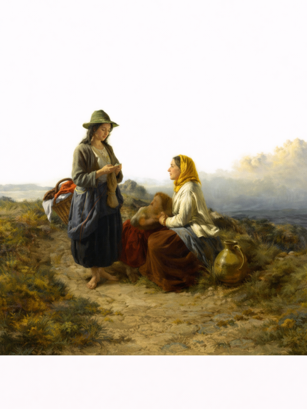 Edward John Cobbet, British 1815- 1899.oil on canvas,Gossips by the roadside, signed and dated E.J Cobbett 1852
