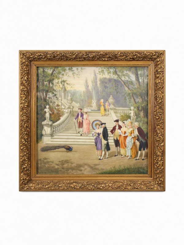 KPM Large porcelain of a rococo style promenade with peacock, circa 1900