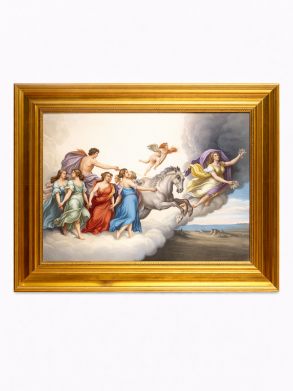 KPM PAINTED PORCELAIN MYTOLOGICAL PLAQUE of APPOLO IN HIS CHARIOT BEING LED BY AURORA signed. circa 1900