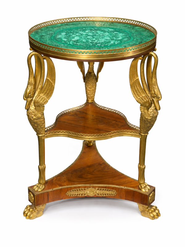 Empire style gilt bronze mounted mahogany and malachite veneered etagere