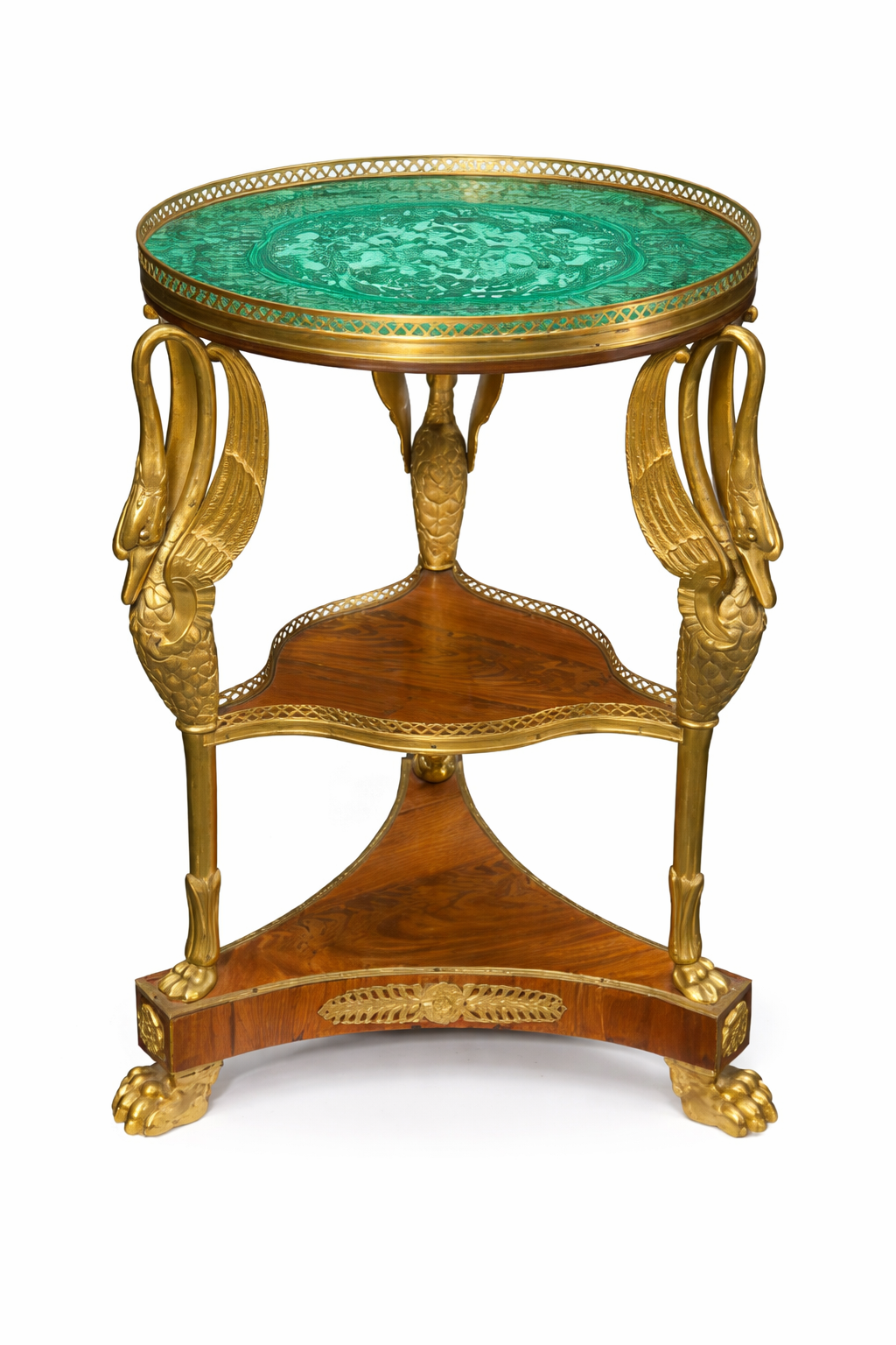 Empire style gilt bronze mounted mahogany and malachite veneered etagere