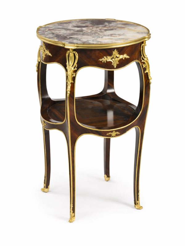 Francois Linke signed gilt bronze mounted kingwood two tier pedestal table