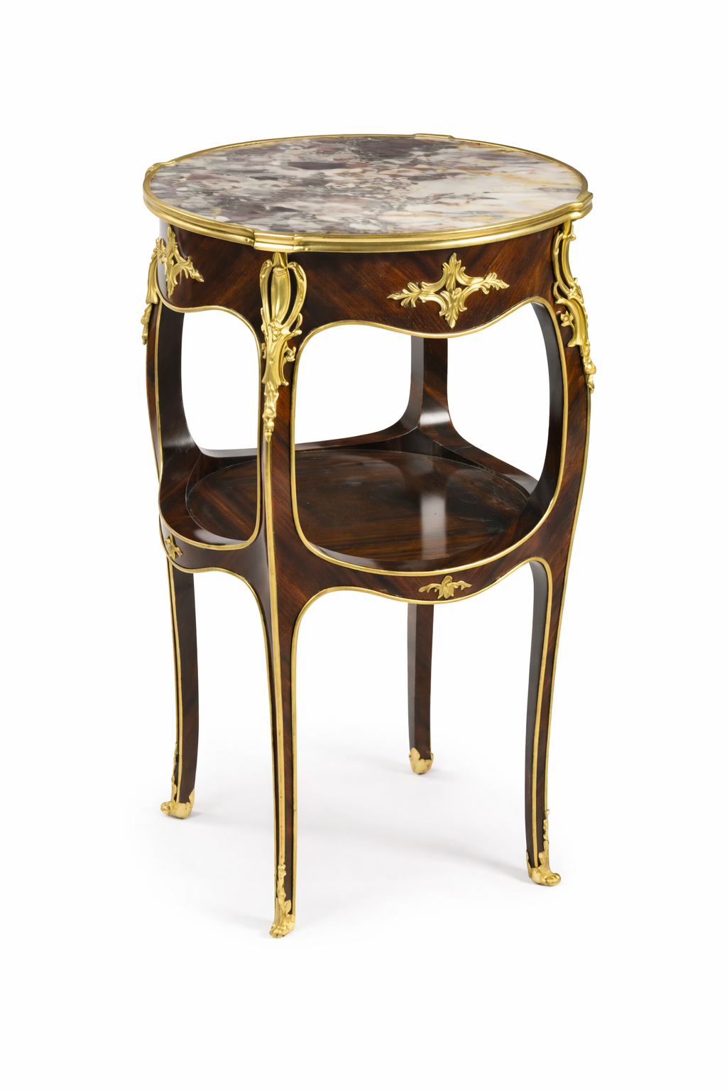 Francois Linke signed gilt bronze mounted kingwood two tier pedestal table