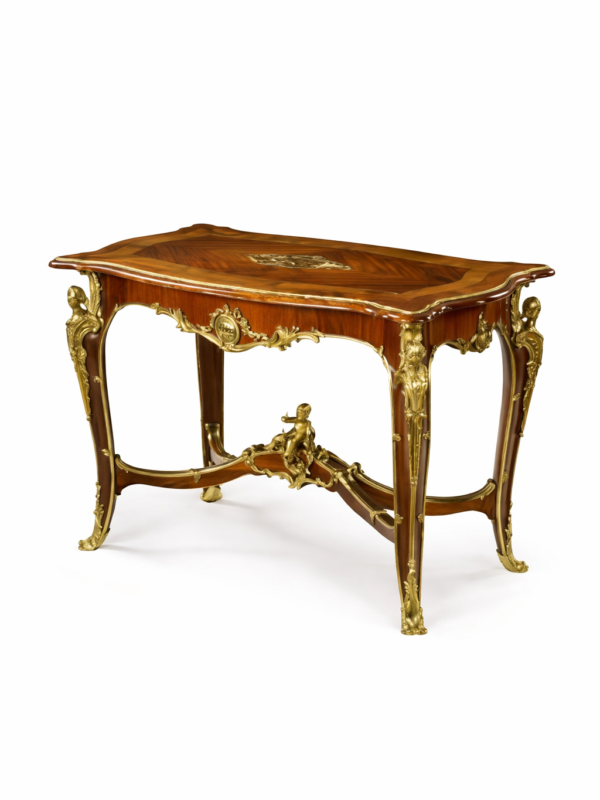 French Louis XV style gilt bronze mounted mahogany, brass & mother of pearl inlay center table