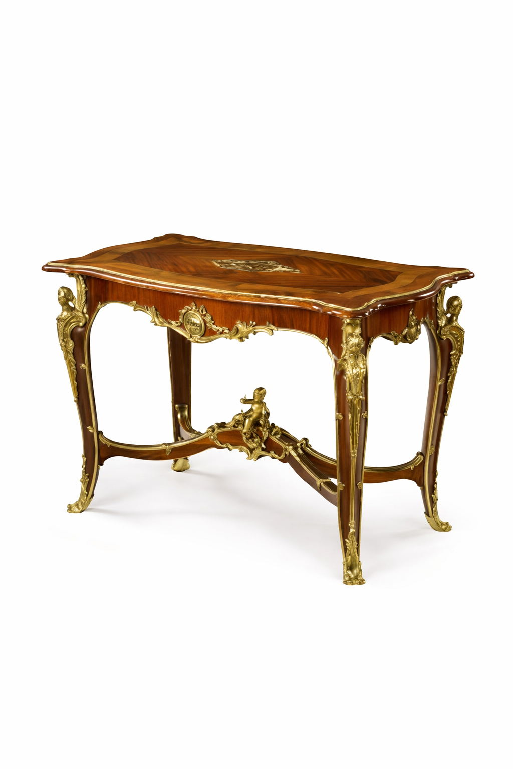French Louis XV style gilt bronze mounted mahogany, brass & mother of pearl inlay center table