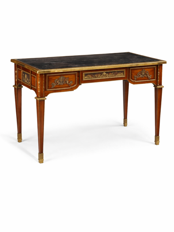 4th qtr 19th C. Louis XVI style parquetry & bronze mounted bureau plat, after Jean-Henri Riesener