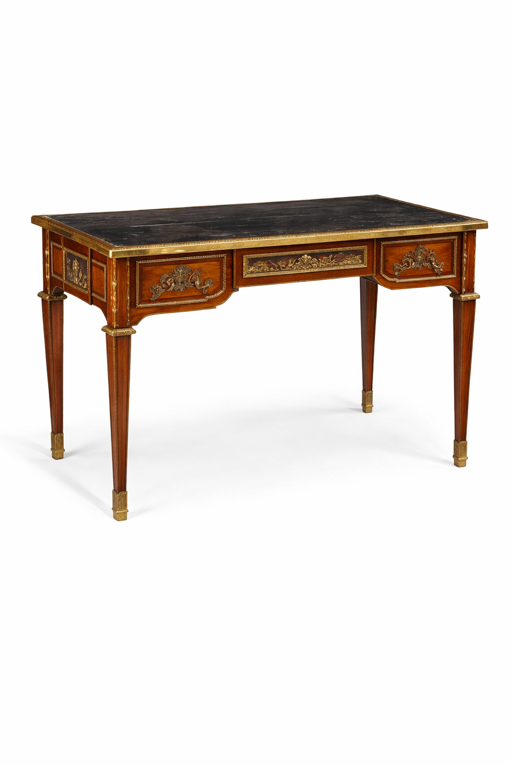 4th qtr 19th C. Louis XVI style parquetry & bronze mounted bureau plat, after Jean-Henri Riesener