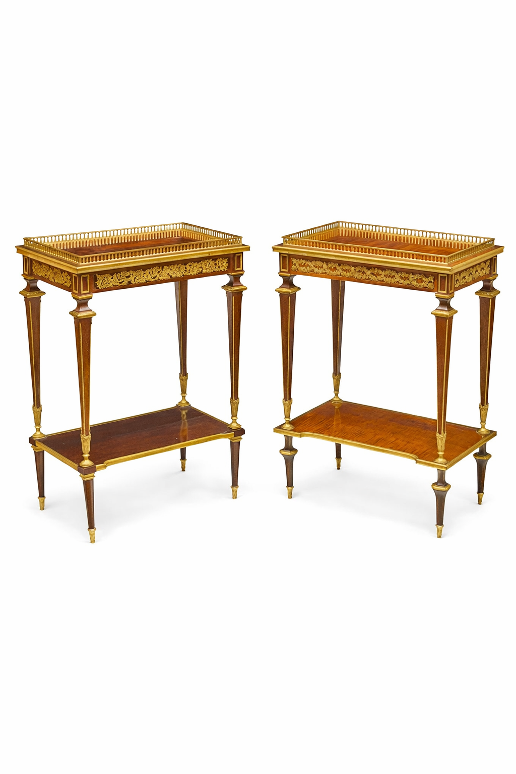 Henri Dasson signed and dated 1892 Two very similar good quality Louis XVI style gilt bronze mounted mahogany two tier tables with a drawe.