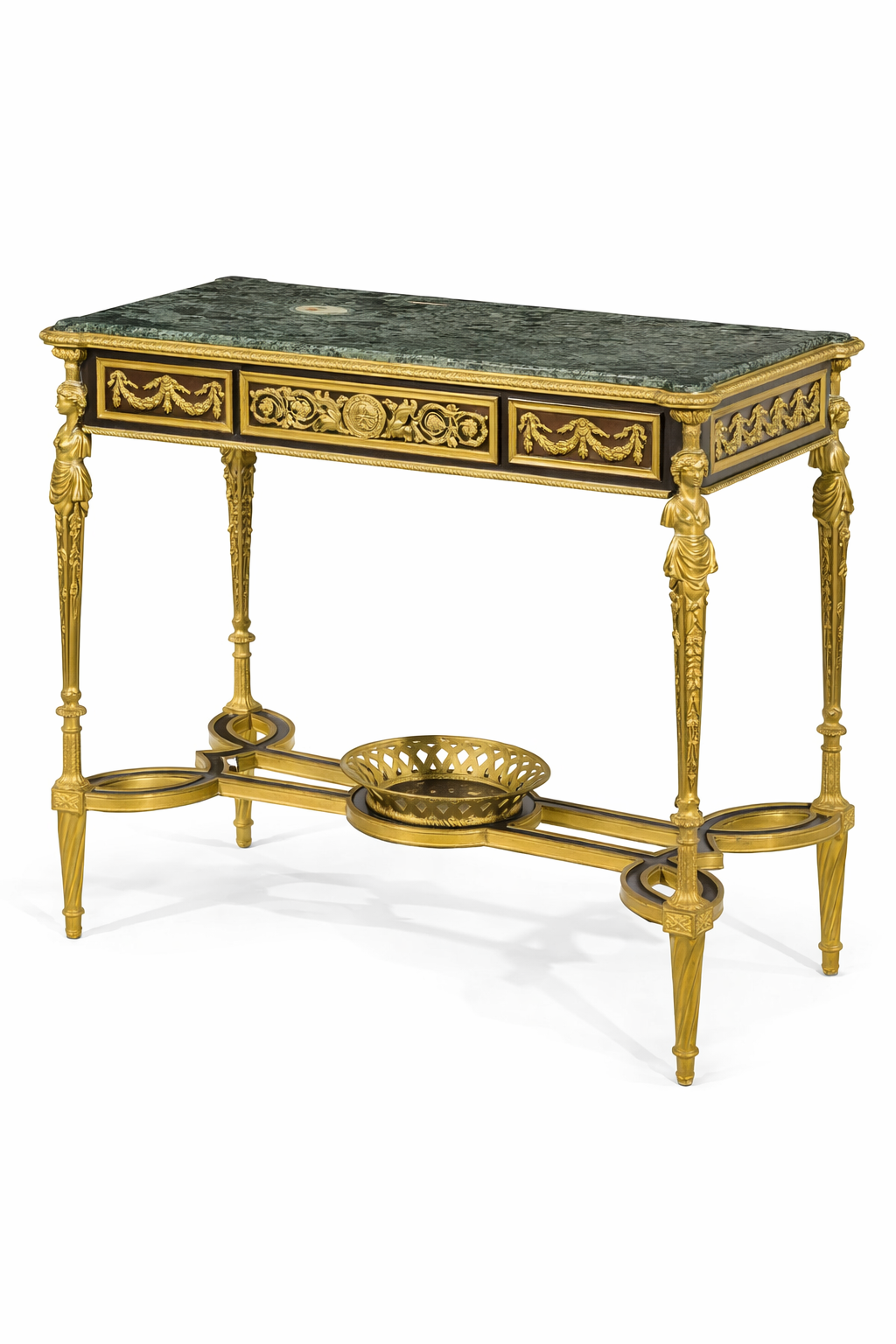 French Louis XVI style gilt-bronze mounted mahogany & sycamore table