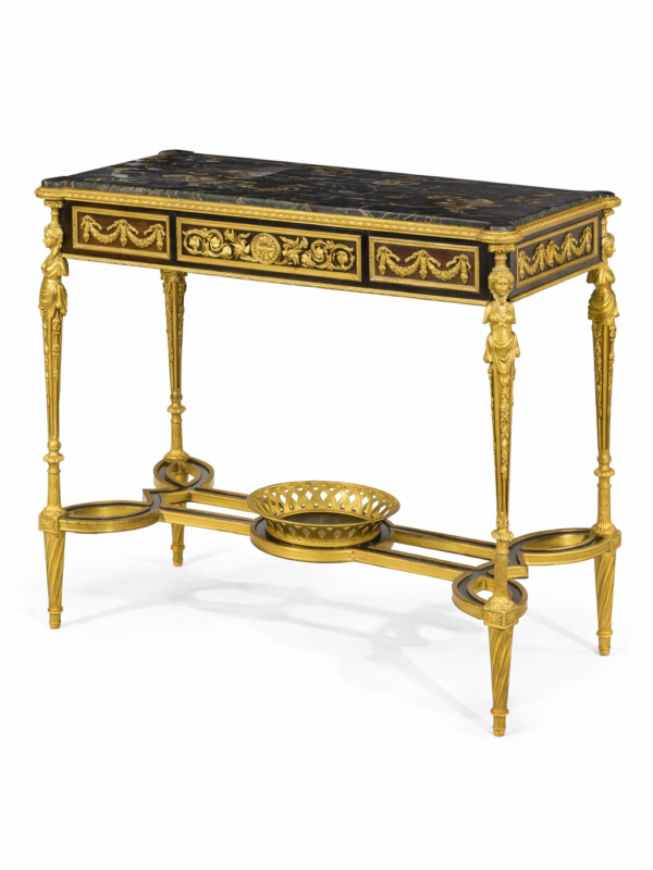 French Louis XVI style gilt-bronze mounted mahogany & fruitwood table