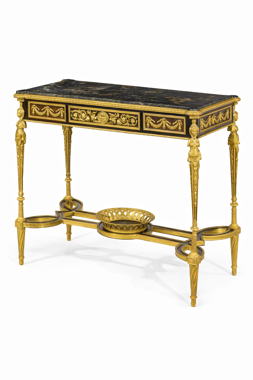 French Louis XVI style gilt-bronze mounted mahogany & fruitwood table