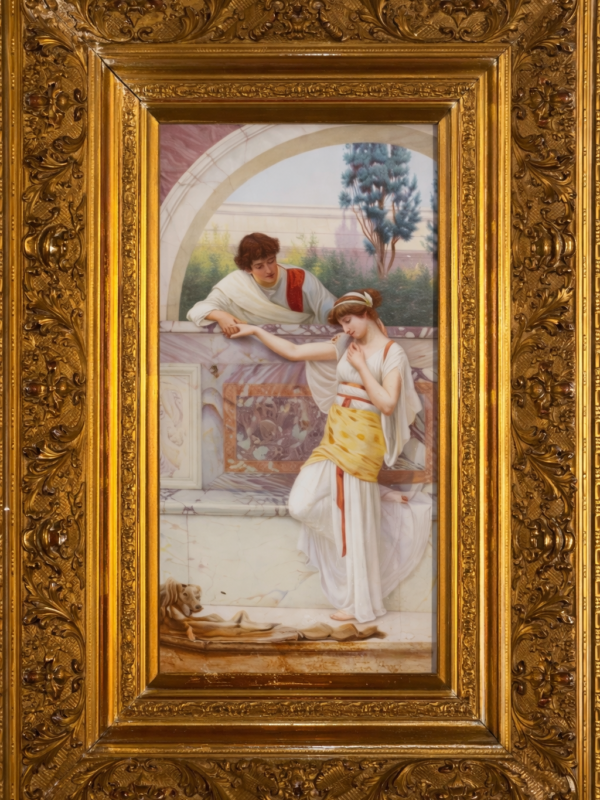K P M PAINTED PORCELAIN PLAQUE OF A YOUNG COUPLE ENTITLED YES or NO AFTER JOHN GOODWARD.CIRCA 1900