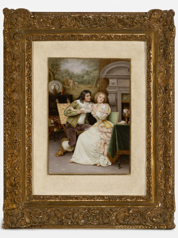 K P M PAINTED PORCELAIN PLAQUE OF A WOMEN AND HER ADMIRER, SIGNED BY WAGNER CIRCA 1900