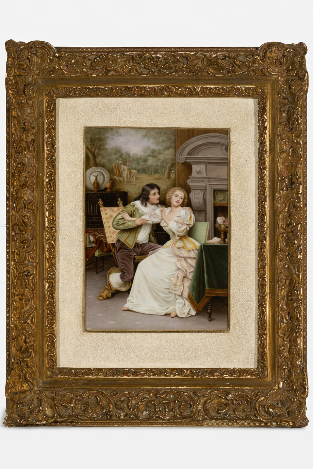 K P M PAINTED PORCELAIN PLAQUE OF A WOMEN AND HER ADMIRER, SIGNED BY WAGNER CIRCA 1900