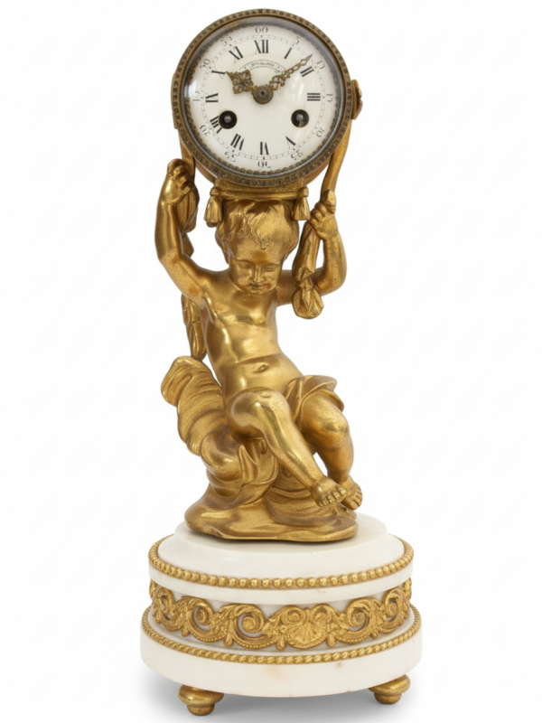 Magnificent Figural Bronze & Marble Table Clock Signed Henri Dasson