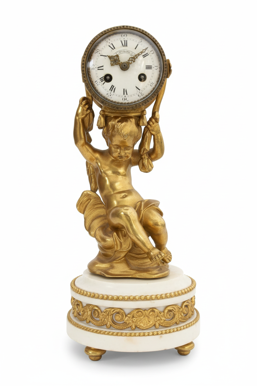 Magnificent Figural Bronze & Marble Table Clock Signed Henri Dasson